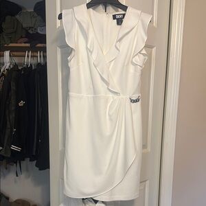DKNY White Ruffled Wrap Knee Length Dress